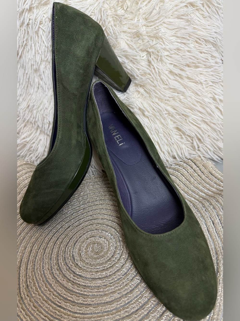 Van Eli Olive Suede Block Heel Pumps Purple Interior Narrow 9N Comfort Career